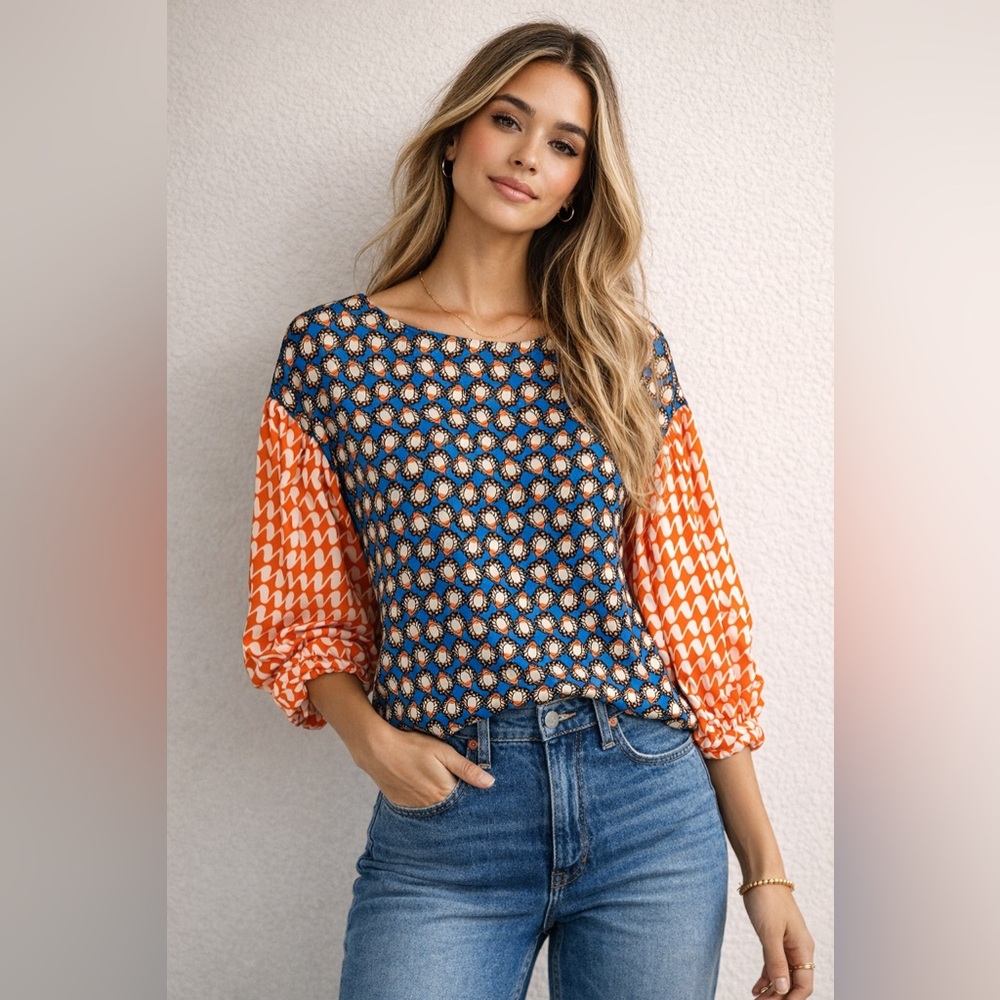 Cousin Earl Retro Print Blouse Blue Orange Statement Sleeve Top  size medium